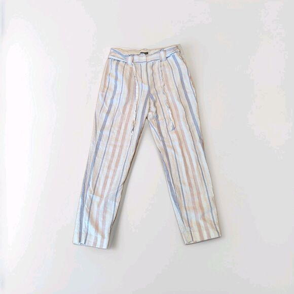 Express Ankle High Rise Pants Womens 6 Striped Linen Blend Tie Waist Belt Beachy - Picture 1 of 8